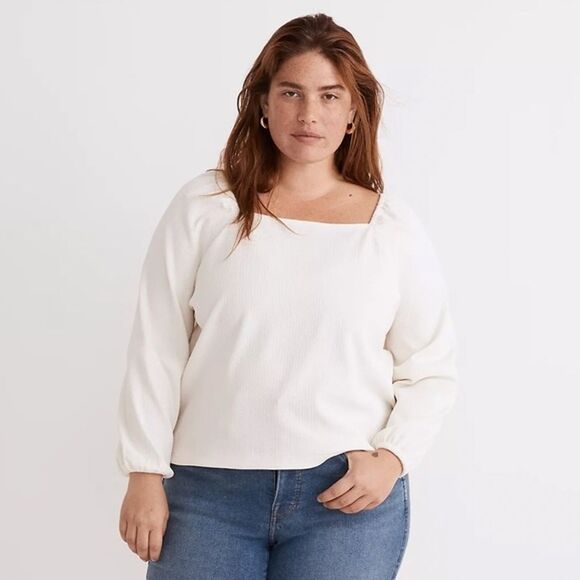 NWT Madewell Women's 4X Plus Size Crepe Square Neck Puff Sleeve Top Cream - Picture 1 of 12